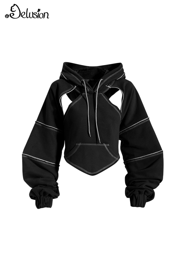 1/3 Delusion Gothic Black Hooded Sweatshirt Cutout Backless Lace-up Short Jacket